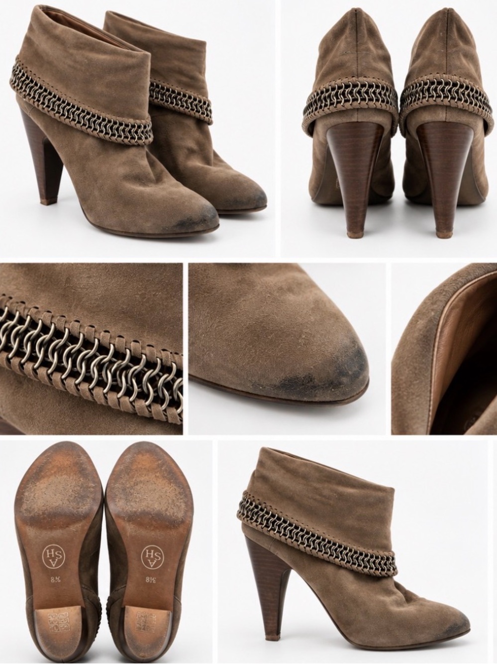 ASH Slouchy Suede Chain Ankle Booties Taupe EU 37.5 High Heel